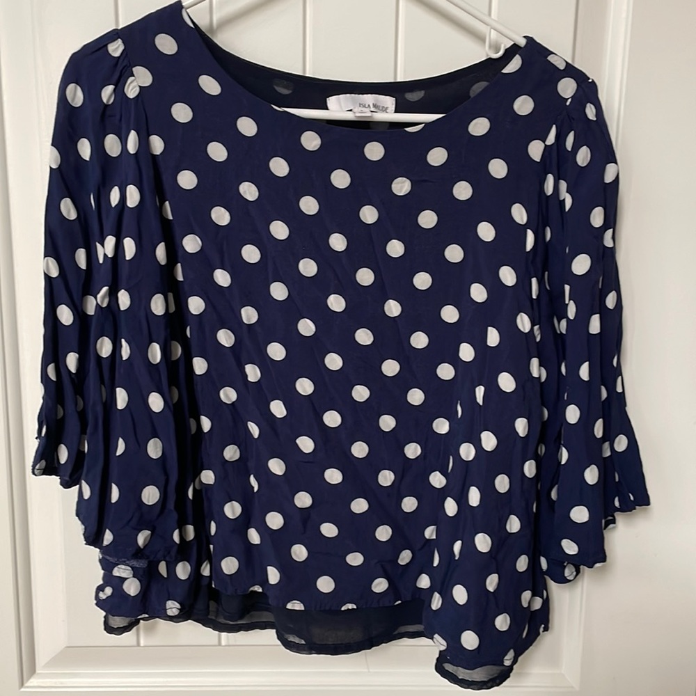 Isla Maude Bell Sleeve Wide Neck Polka Dot Top in Small